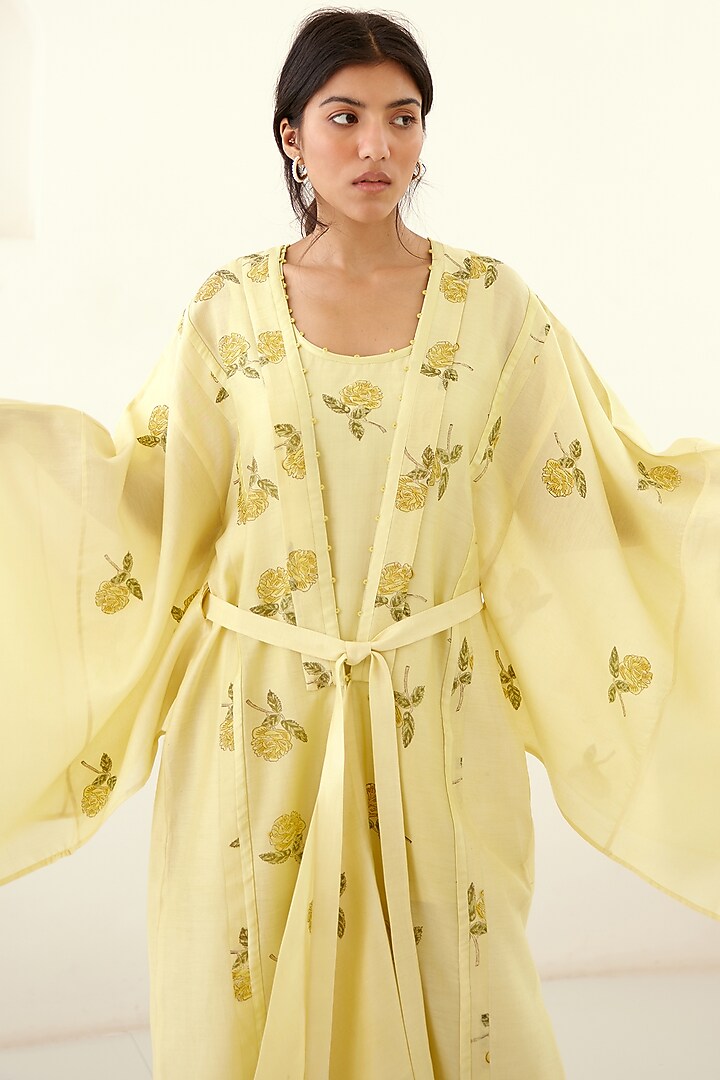 Canary Yellow Chanderi & Modal Hand Block Printed Kimono Set by Cotton and Clay at Pernia's Pop Up Shop