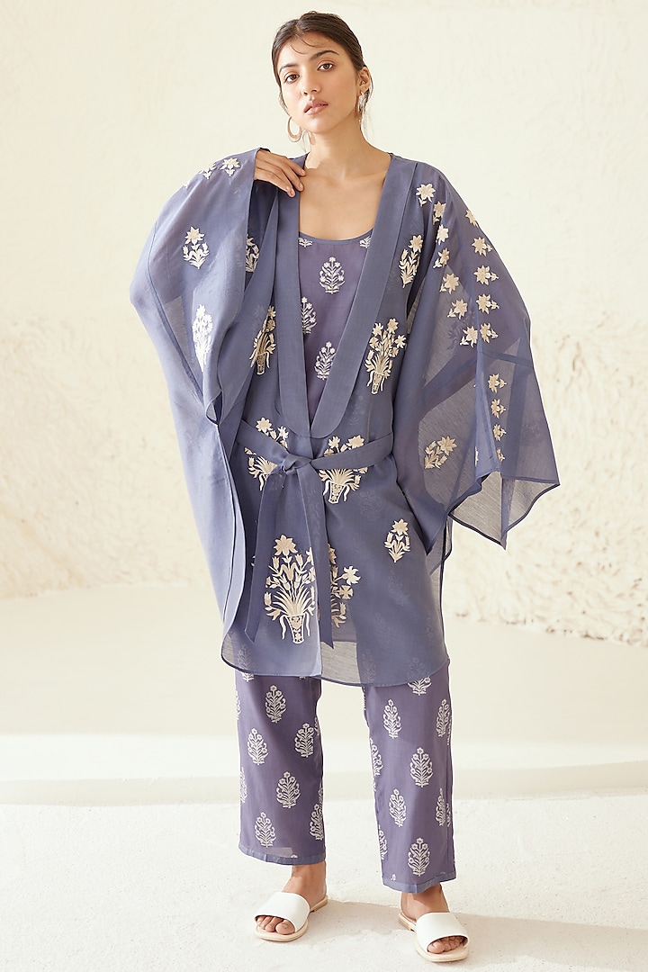 Moonlight Blue Chanderi & Modal Hand Block Printed Kimono Set by Cotton and Clay at Pernia's Pop Up Shop