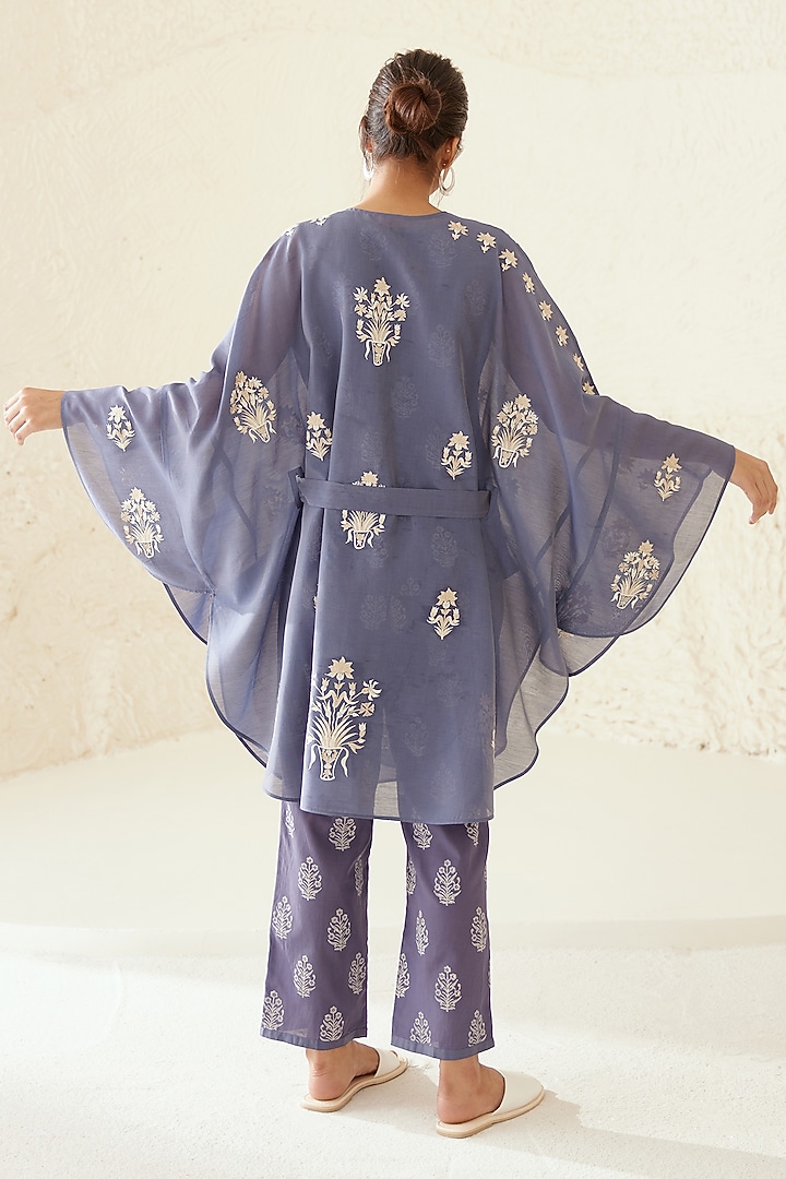 Moonlight Blue Chanderi & Modal Hand Block Printed Kimono Set by Cotton and Clay at Pernia's Pop Up Shop