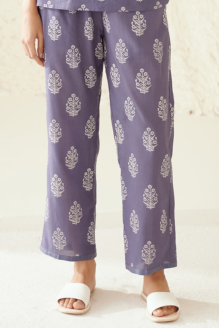 Moonlight Blue Chanderi & Modal Hand Block Printed Kimono Set by Cotton and Clay at Pernia's Pop Up Shop