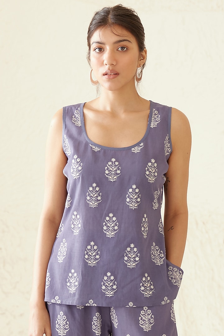 Moonlight Blue Chanderi & Modal Hand Block Printed Kimono Set by Cotton and Clay at Pernia's Pop Up Shop