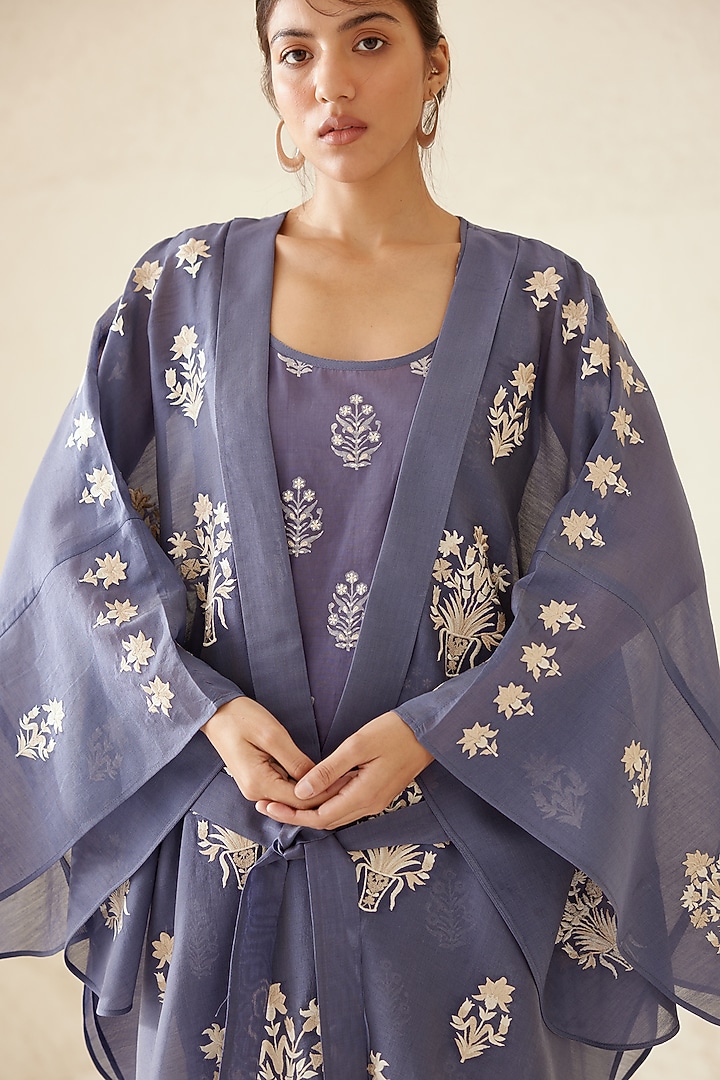 Moonlight Blue Chanderi & Modal Hand Block Printed Kimono Set by Cotton and Clay at Pernia's Pop Up Shop
