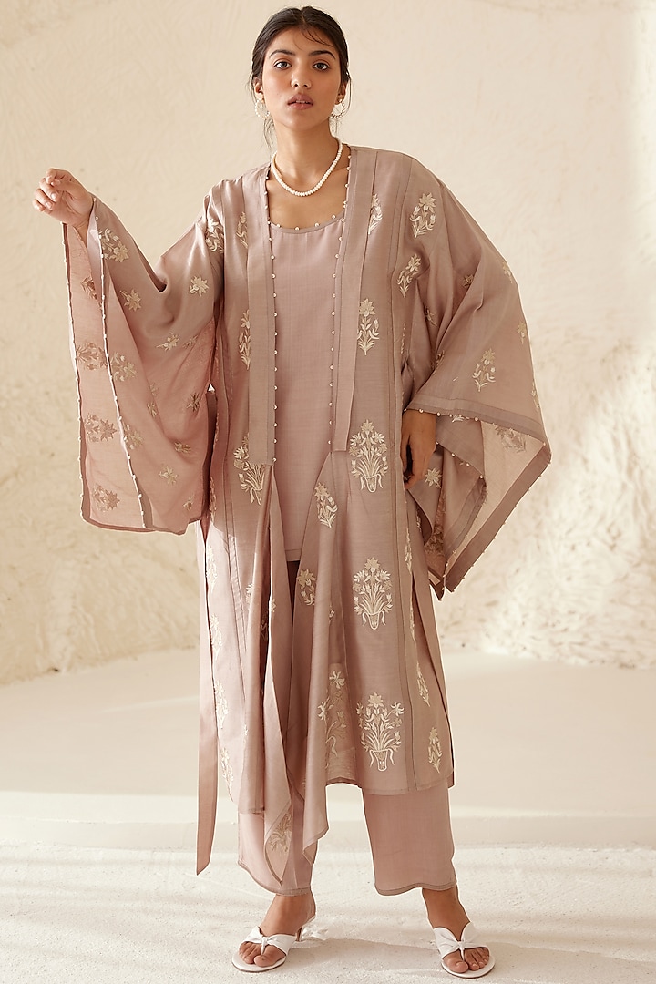 Nomad Neutral Chanderi & Modal Hand Block Printed Kimono Set by Cotton and Clay