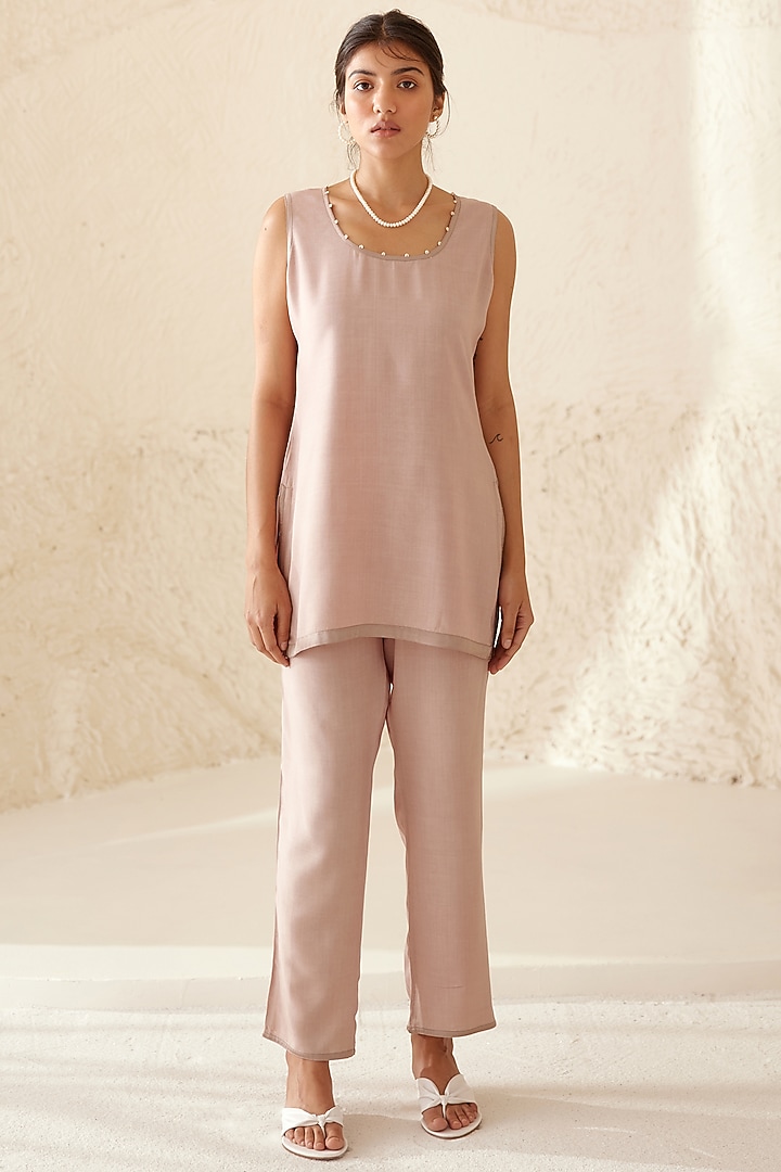 Nomad Neutral Chanderi & Modal Hand Block Printed Kimono Set by Cotton and Clay at Pernia's Pop Up Shop