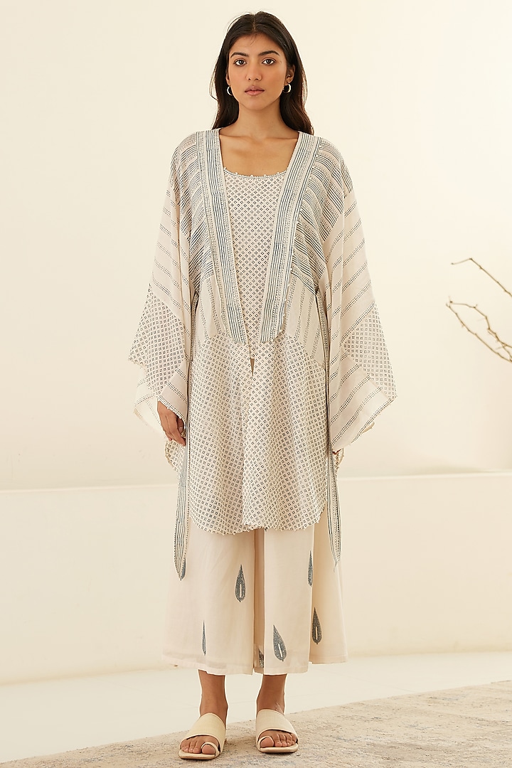 White & Dusty Blue Silk Voile & Modal Hand Block Printed Cape Set by Cotton and Clay
