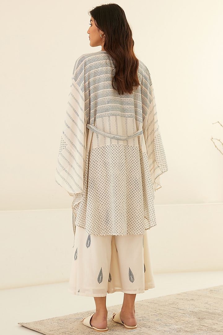 White & Dusty Blue Silk Voile & Modal Hand Block Printed Cape Set by Cotton and Clay at Pernia's Pop Up Shop