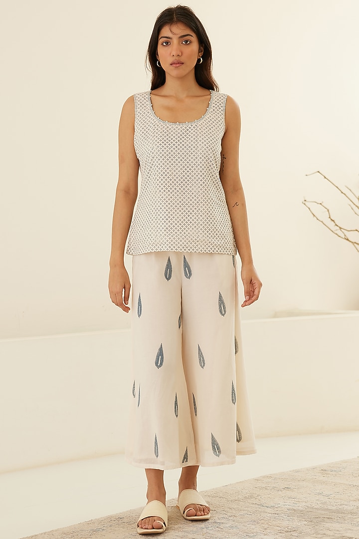 White & Dusty Blue Silk Voile & Modal Hand Block Printed Cape Set by Cotton and Clay at Pernia's Pop Up Shop