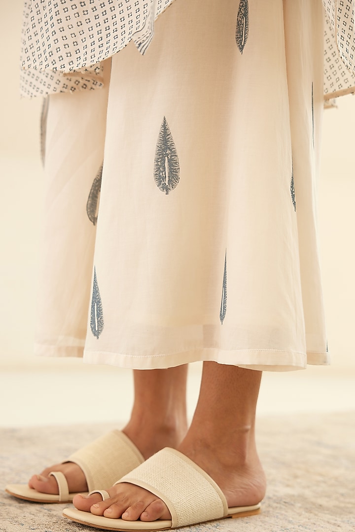 White & Dusty Blue Silk Voile & Modal Hand Block Printed Cape Set by Cotton and Clay at Pernia's Pop Up Shop