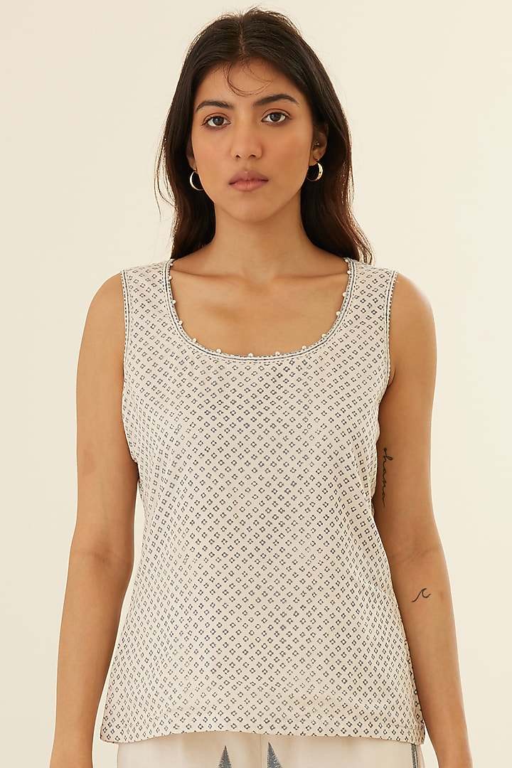 White & Dusty Blue Silk Voile & Modal Hand Block Printed Cape Set by Cotton and Clay at Pernia's Pop Up Shop