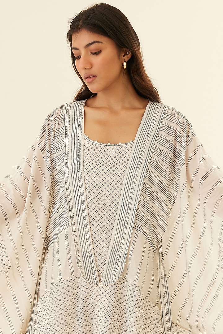 White & Dusty Blue Silk Voile & Modal Hand Block Printed Cape Set by Cotton and Clay at Pernia's Pop Up Shop