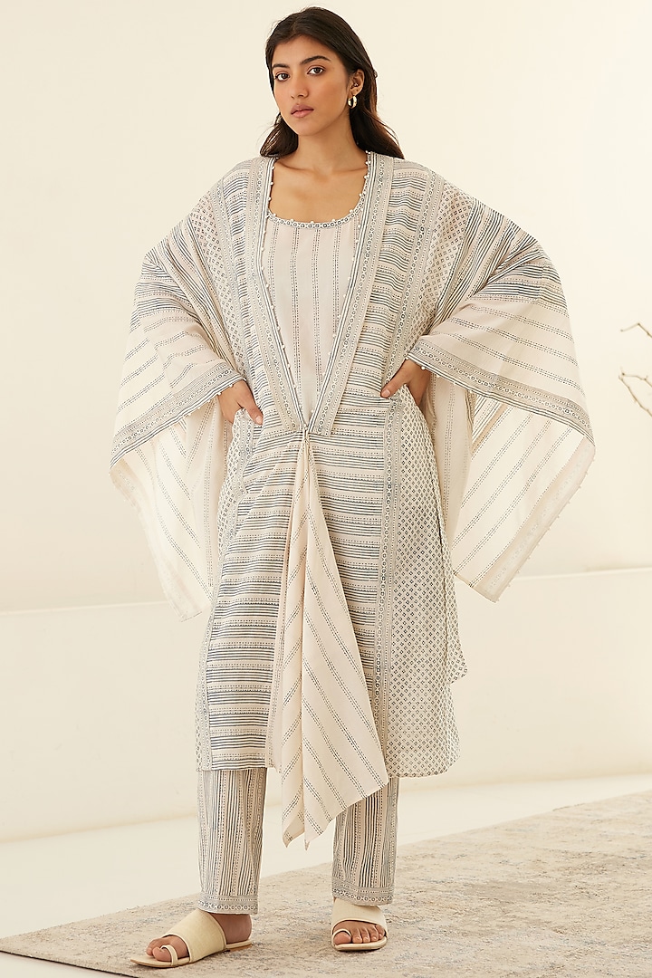 White & Dusty Blue Silk Voile & Modal Hand Block Printed Cape Set by Cotton and Clay