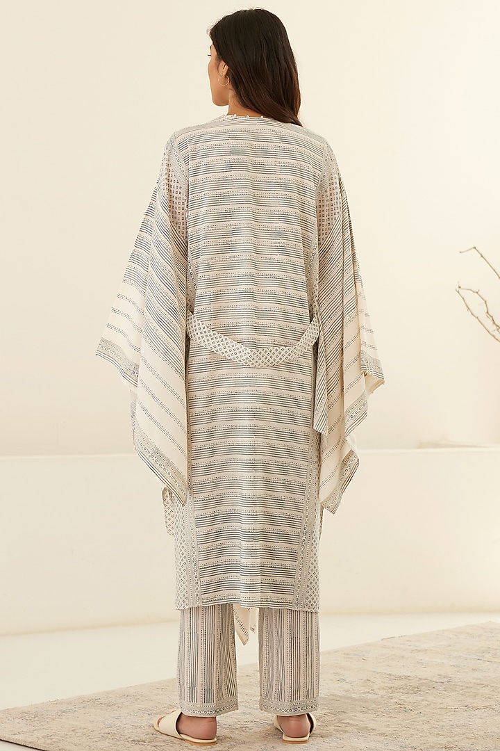 White & Dusty Blue Silk Voile & Modal Hand Block Printed Cape Set by Cotton and Clay at Pernia's Pop Up Shop