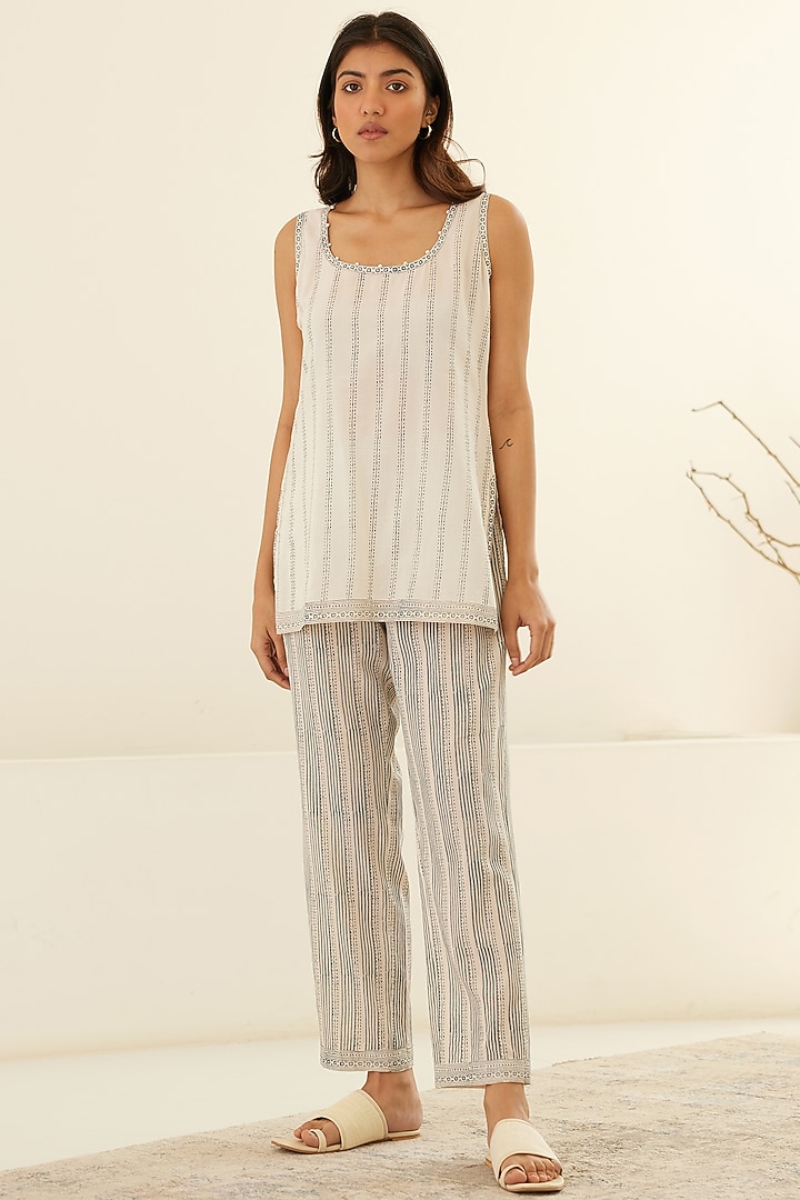 White & Dusty Blue Silk Voile & Modal Hand Block Printed Cape Set by Cotton and Clay at Pernia's Pop Up Shop