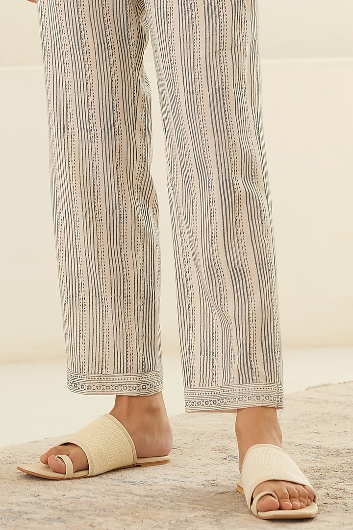White & Dusty Blue Silk Voile & Modal Hand Block Printed Cape Set by Cotton and Clay at Pernia's Pop Up Shop