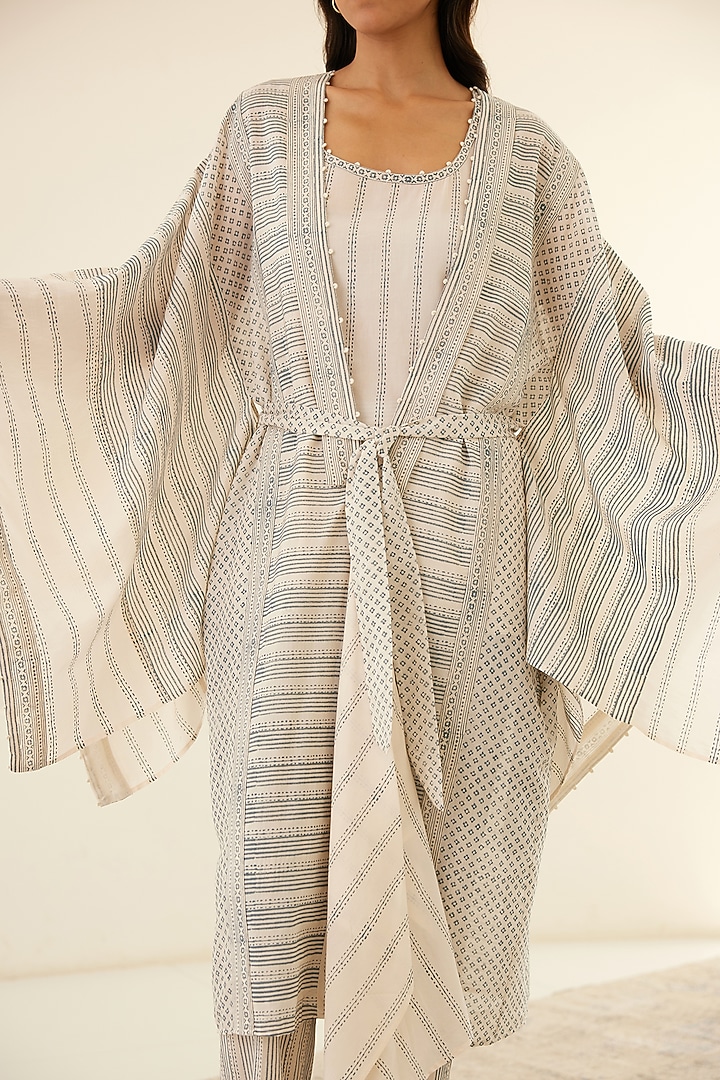 White & Dusty Blue Silk Voile & Modal Hand Block Printed Cape Set by Cotton and Clay at Pernia's Pop Up Shop