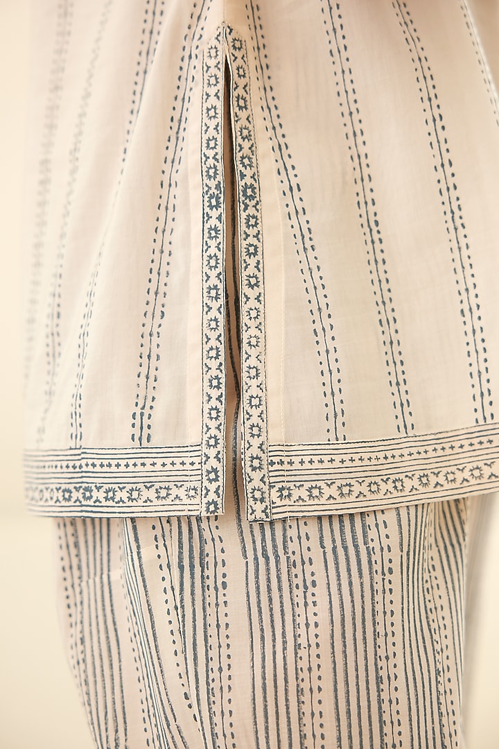 White & Dusty Blue Silk Voile & Modal Hand Block Printed Cape Set by Cotton and Clay at Pernia's Pop Up Shop