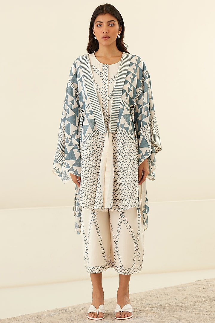Papyrus White & Dusty Blue Hand Block Printed Jumpsuit by Cotton and Clay