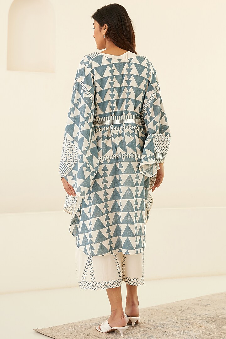 Papyrus White & Dusty Blue Hand Block Printed Jumpsuit by Cotton and Clay at Pernia's Pop Up Shop
