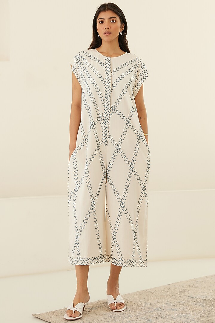 Papyrus White & Dusty Blue Hand Block Printed Jumpsuit by Cotton and Clay at Pernia's Pop Up Shop