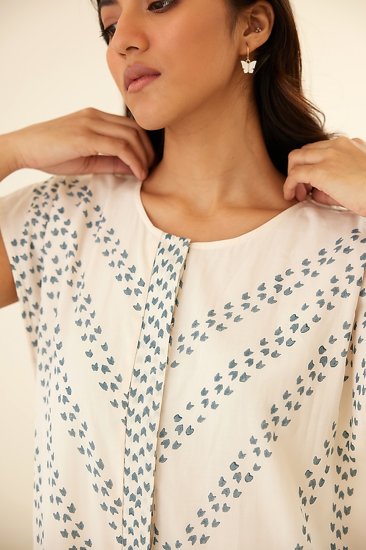 Papyrus White & Dusty Blue Hand Block Printed Jumpsuit by Cotton and Clay at Pernia's Pop Up Shop