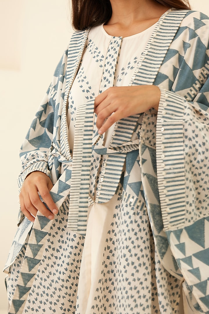 Papyrus White & Dusty Blue Hand Block Printed Jumpsuit by Cotton and Clay at Pernia's Pop Up Shop