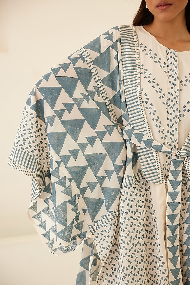 Papyrus White & Dusty Blue Hand Block Printed Jumpsuit by Cotton and Clay at Pernia's Pop Up Shop