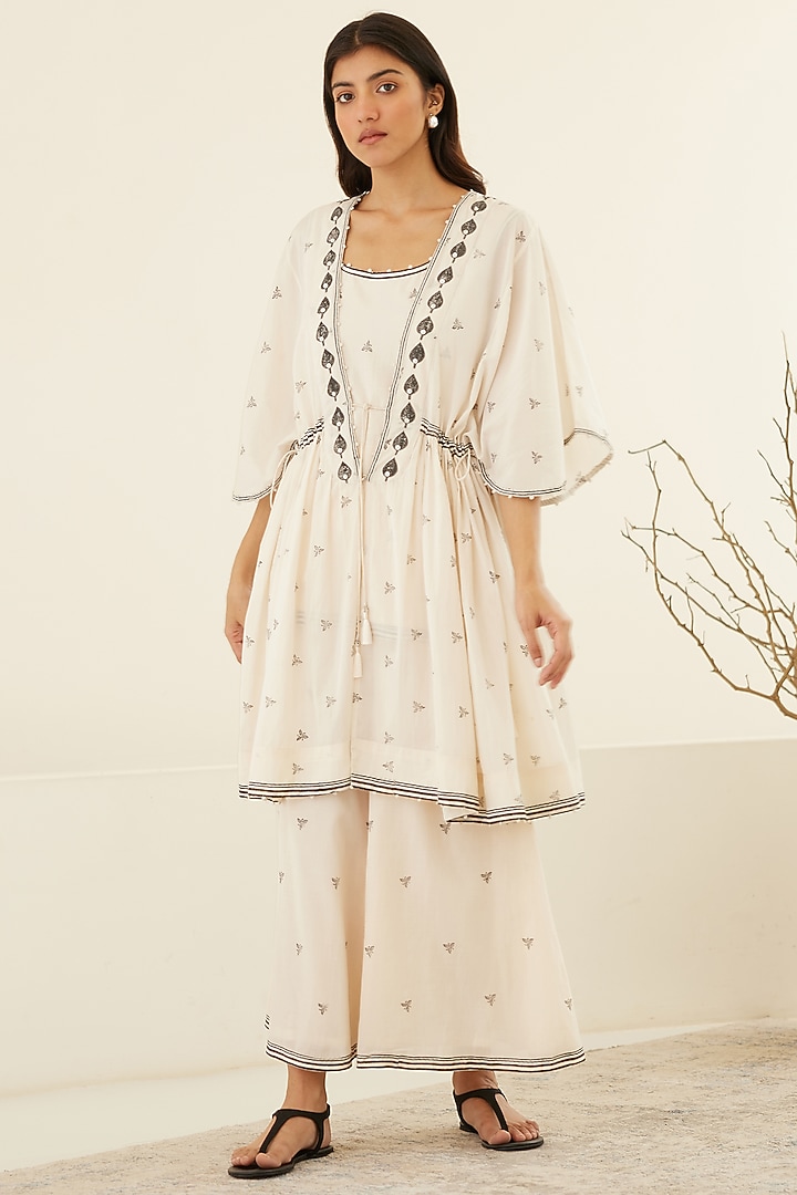 White & Beluga Black Silk Voile & Modal Hand Block Printed Kimono Set by Cotton and Clay at Pernia's Pop Up Shop