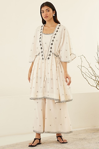 White & Beluga Black Silk Voile & Modal Hand Block Printed Kimono Set by Cotton and Clay