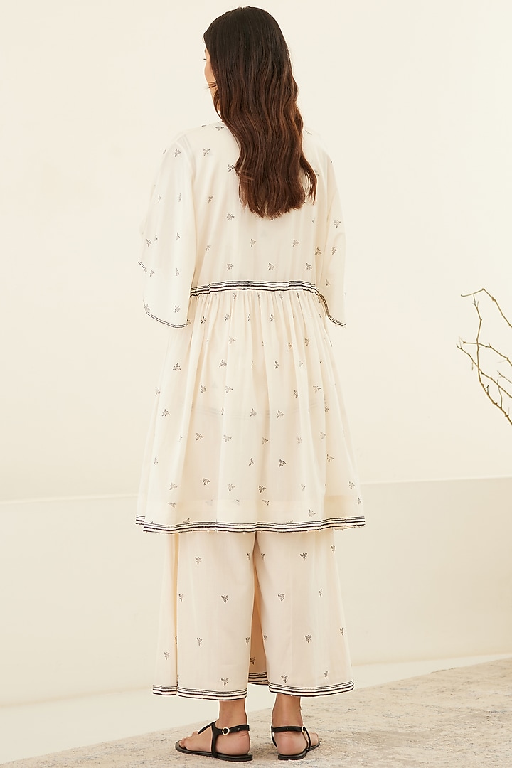 White & Beluga Black Silk Voile & Modal Hand Block Printed Kimono Set by Cotton and Clay at Pernia's Pop Up Shop