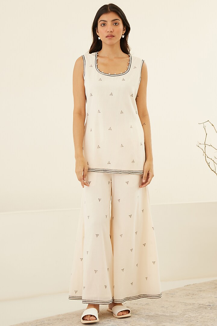 White & Beluga Black Silk Voile & Modal Hand Block Printed Kimono Set by Cotton and Clay at Pernia's Pop Up Shop