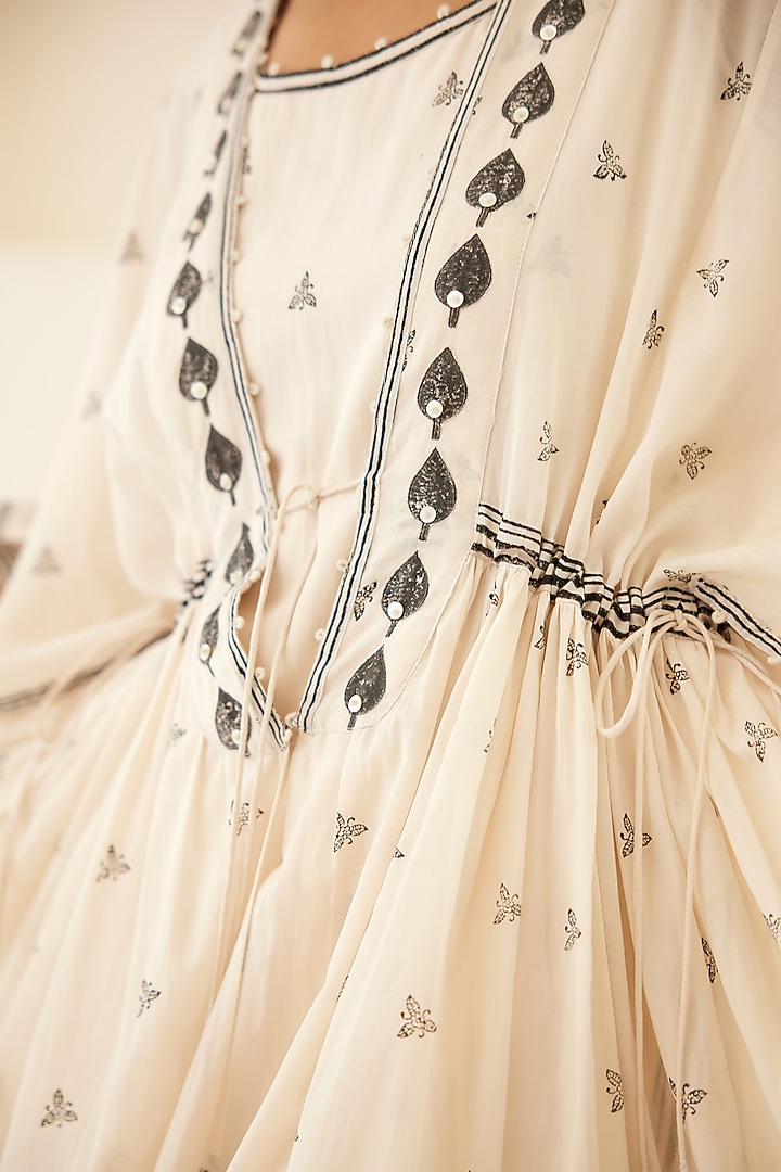 White & Beluga Black Silk Voile & Modal Hand Block Printed Kimono Set by Cotton and Clay at Pernia's Pop Up Shop