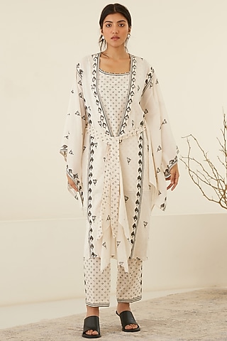 White & Beluga Black Silk Voile & Modal Hand Block Printed Kimono Set by Cotton and Clay