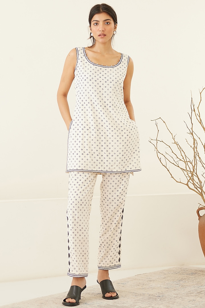White & Beluga Black Silk Voile & Modal Hand Block Printed Kimono Set by Cotton and Clay at Pernia's Pop Up Shop