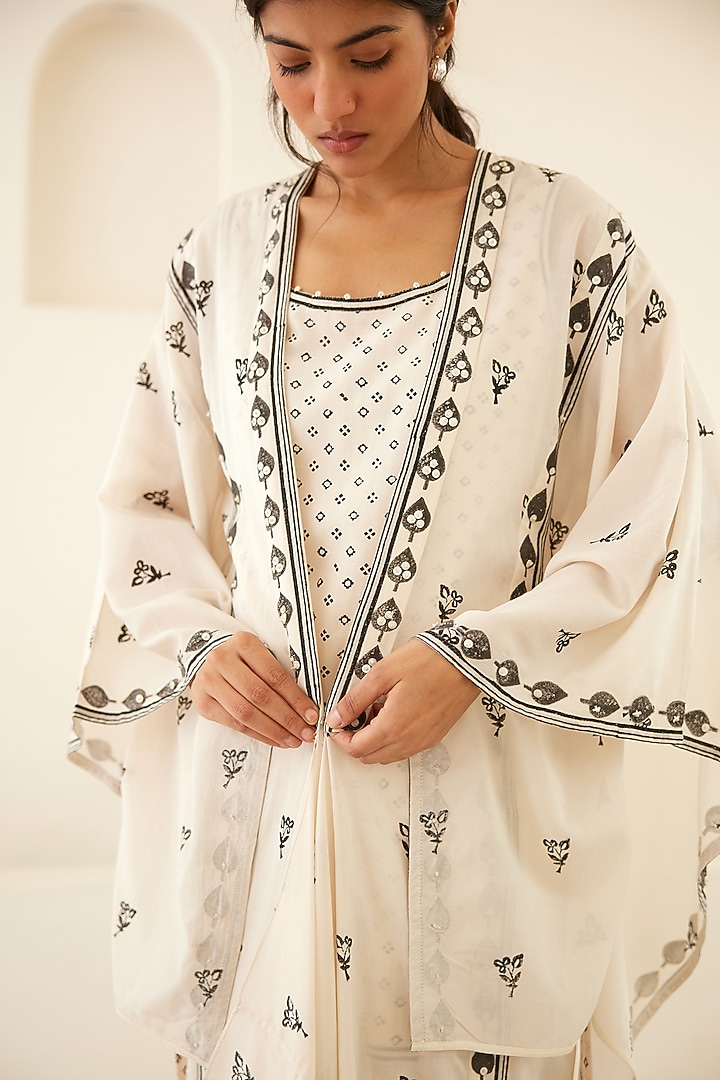 White & Beluga Black Silk Voile & Modal Hand Block Printed Kimono Set by Cotton and Clay at Pernia's Pop Up Shop