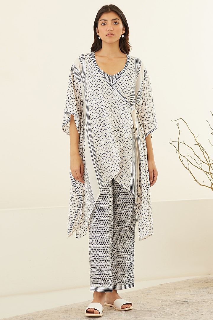 White & Twilight Blue Silk Voile & Modal Hand Block Printed Kimono Set by Cotton and Clay at Pernia's Pop Up Shop