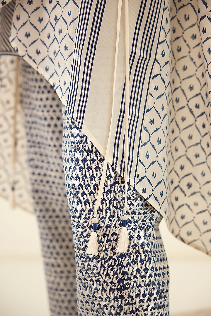 White & Twilight Blue Silk Voile & Modal Hand Block Printed Kimono Set by Cotton and Clay at Pernia's Pop Up Shop