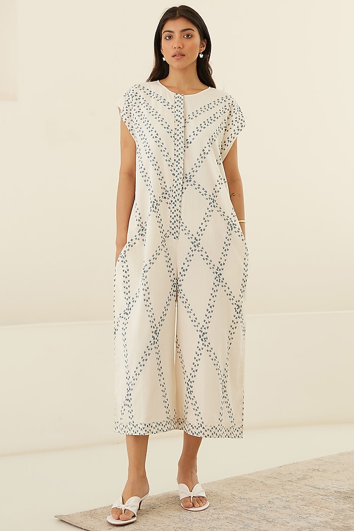 White & Dusty Blue Silk Voile Hand Block Printed Jumpsuit by Cotton and Clay