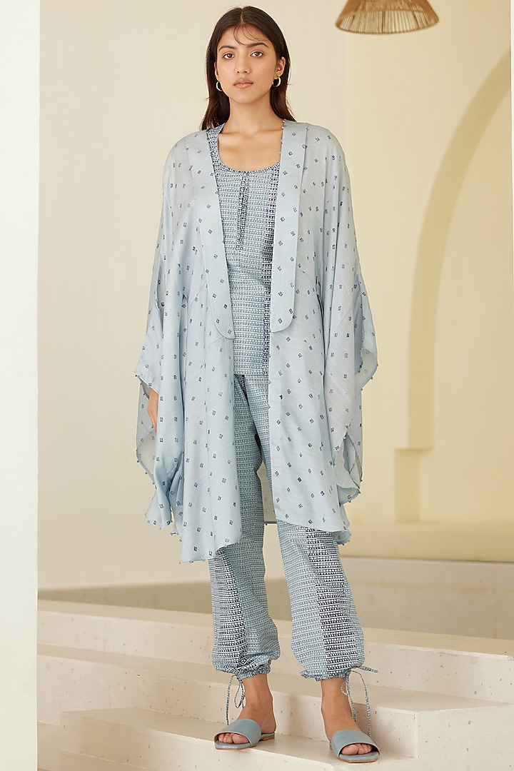 Dusk Blue Chanderi & Modal Hand Block Printed Kimono Set by Cotton and Clay