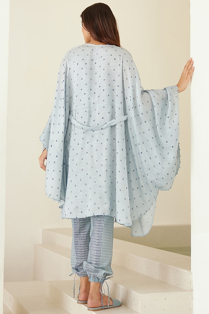 Dusk Blue Chanderi & Modal Hand Block Printed Kimono Set by Cotton and Clay at Pernia's Pop Up Shop