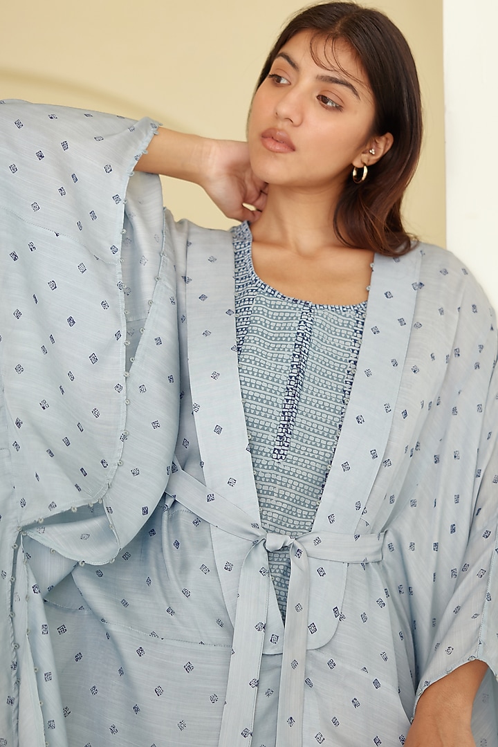 Dusk Blue Chanderi & Modal Hand Block Printed Kimono Set by Cotton and Clay at Pernia's Pop Up Shop