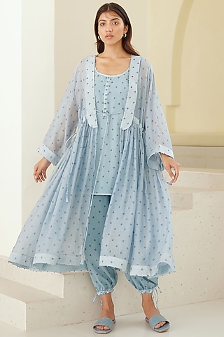 Vista Blue Silk Voile & Modal Hand Block Printed Kimono Set by Cotton and Clay