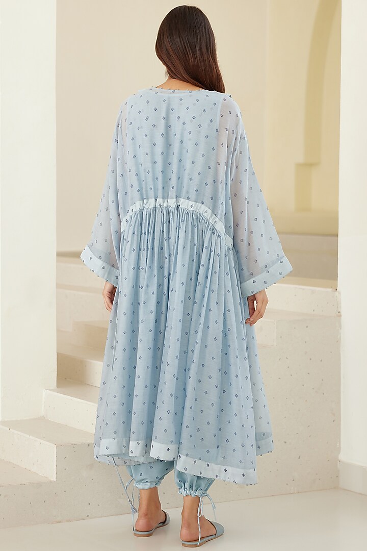 Vista Blue Silk Voile & Modal Hand Block Printed Kimono Set by Cotton and Clay at Pernia's Pop Up Shop