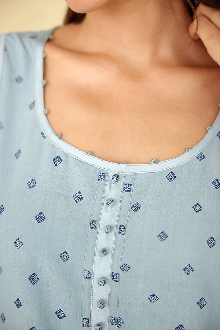 Vista Blue Silk Voile & Modal Hand Block Printed Kimono Set by Cotton and Clay at Pernia's Pop Up Shop
