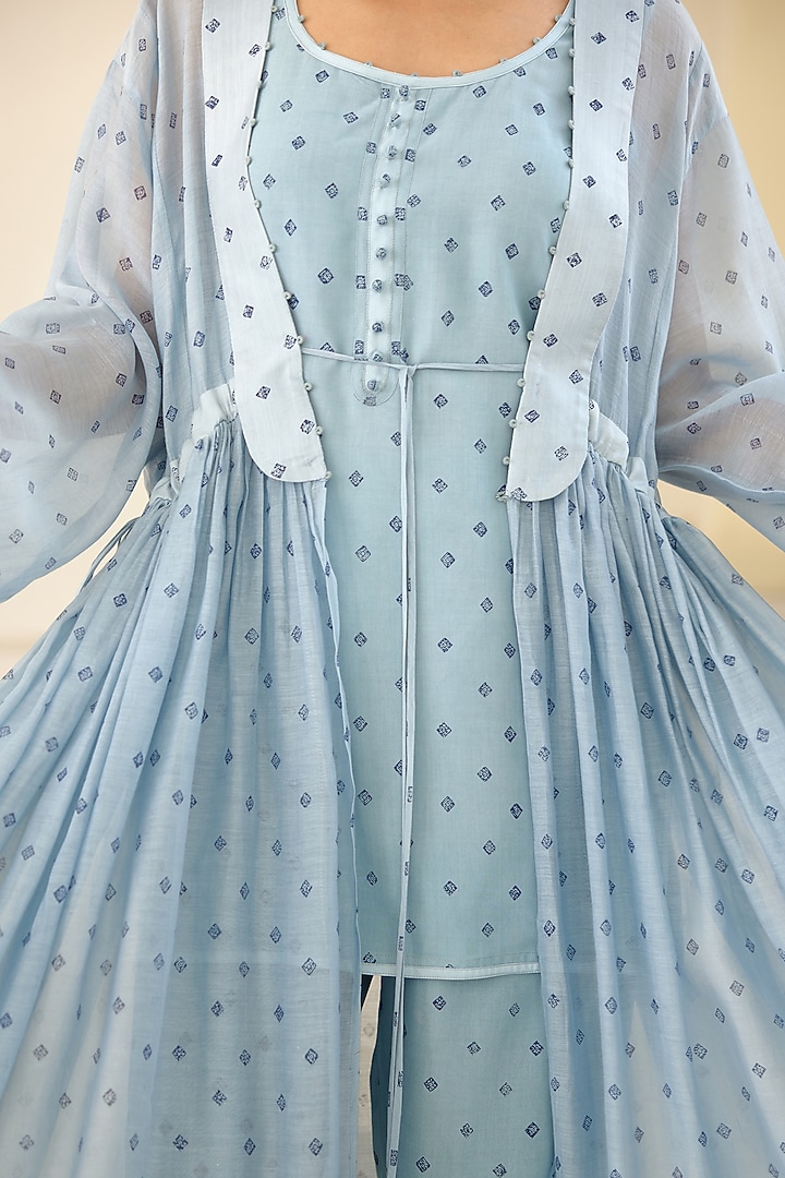 Vista Blue Silk Voile & Modal Hand Block Printed Kimono Set by Cotton and Clay at Pernia's Pop Up Shop