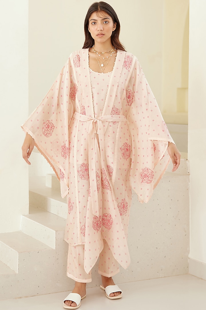 Crystal Pink Chanderi & Modal Hand Block Printed Kimono Set by Cotton and Clay