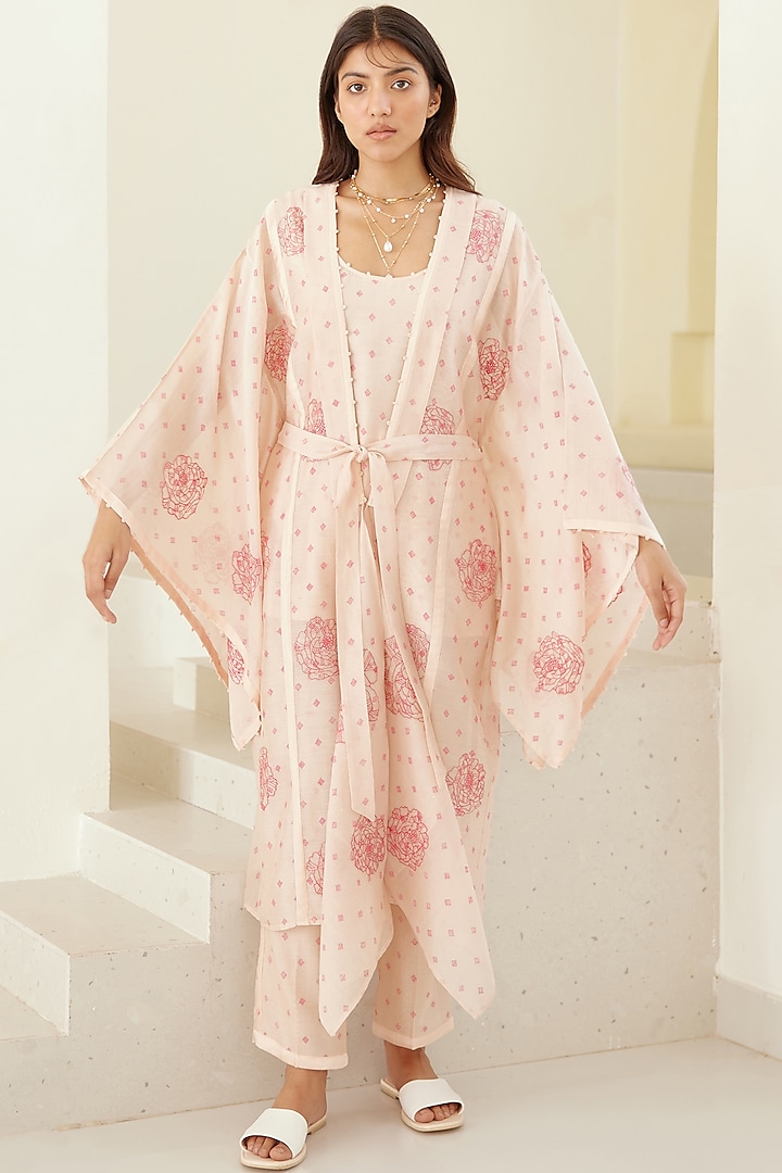 Crystal Pink Chanderi & Modal Hand Block Printed Kimono Set by Cotton and Clay at Pernia's Pop Up Shop