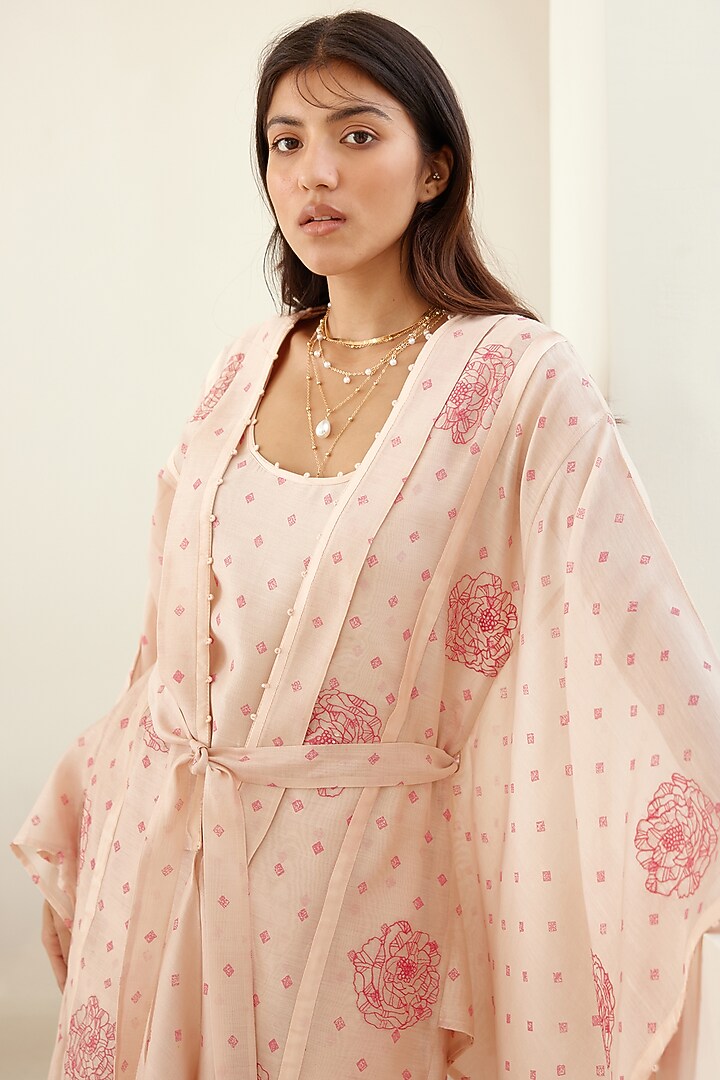 Crystal Pink Chanderi & Modal Hand Block Printed Kimono Set by Cotton and Clay at Pernia's Pop Up Shop