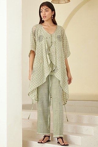 Dust Green Chanderi & Modal Hand Block Printed Kimono Set by Cotton and Clay