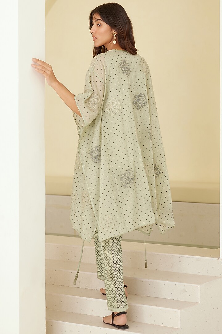 Dust Green Chanderi & Modal Hand Block Printed Kimono Set by Cotton and Clay at Pernia's Pop Up Shop