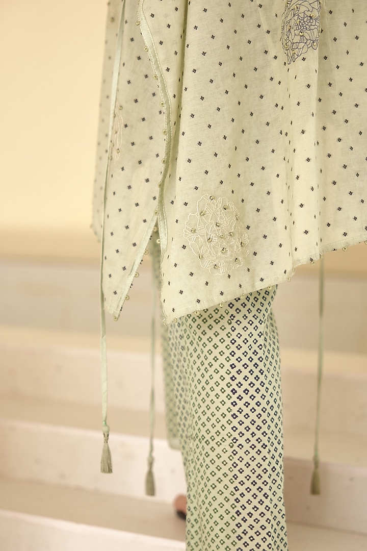 Dust Green Chanderi & Modal Hand Block Printed Kimono Set by Cotton and Clay at Pernia's Pop Up Shop